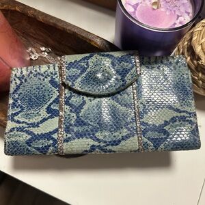 Blue Snake Print Wristlet Clutch with Flap Closure